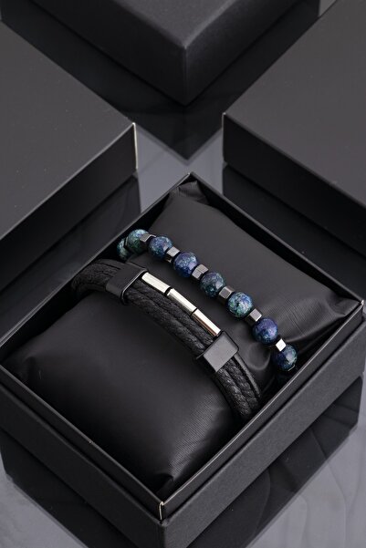 Sortie Aksesuar Metal Detaylı Siyah Hakiki Deri Ve Hematit Doğal Taş Erkek Ko...