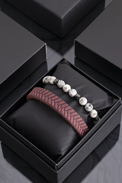 Sortie Aksesuar Men's Combination Bracelet Set - Claret Red Genuine Leather a...