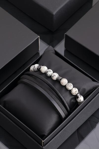 Sortie Aksesuar مجموعة أساور للرجال من الجلد الطبيعي الأسود والهيماتيت الطبيع...