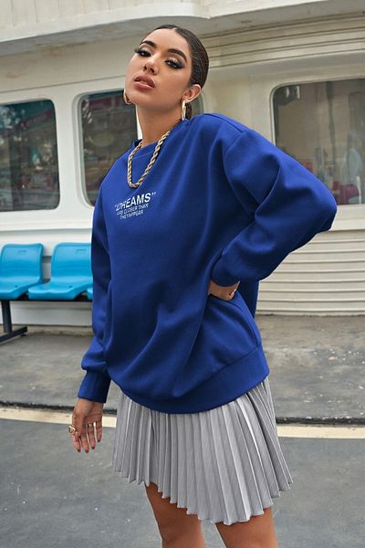 MODAGEN Uniszex legénységi nyakú Dreams nyomott Royal Blue Oversize pulóver