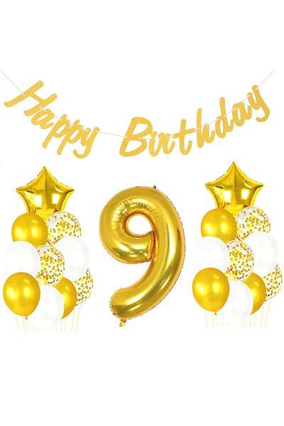 parti sürprizi 9 Years Gold Happy Birthday Set
