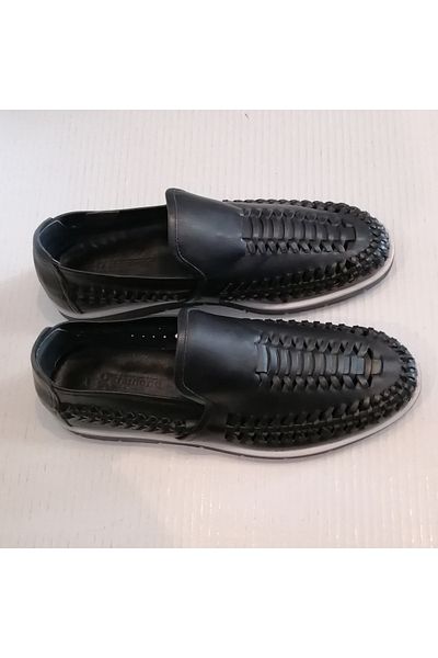 Garamond Genuine Leather Hand Knitted Black Airy Very Soft Hard Rubber Sole Native American Style Loafer