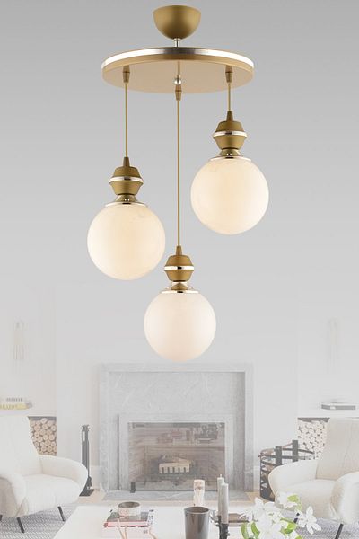 GYK LİGHT Berru 3-Piece Tray Antique Chrome Gilded Modern Globe Glass Chandelier
