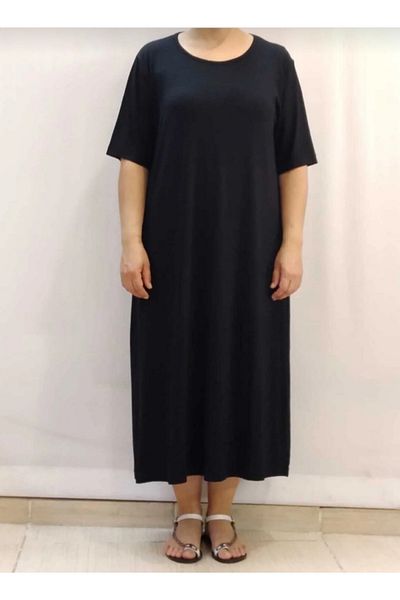 Mertcan Butik Μαύρο κοντομάνικο χτενισμένο βαμβακερό φόρεμα βισκόζης