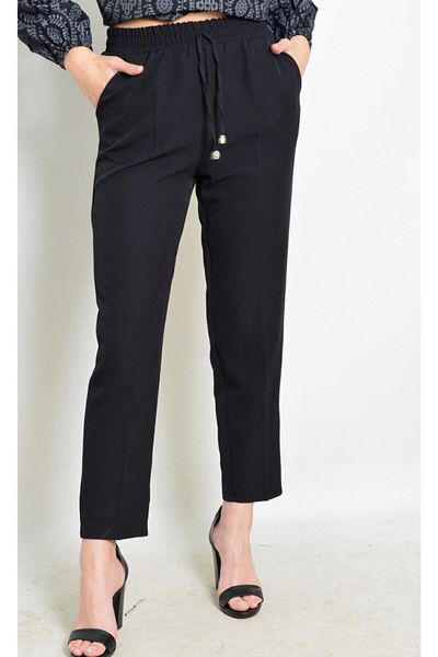 EnModa My Basket Women's Black Fabric Waist Elastic Trousers