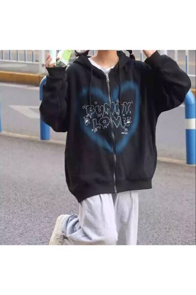 Gofeel Bunny Love Blue Heart Unisex Hooded Cardigan