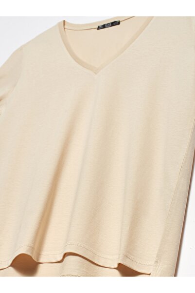 Dilvin Women's Dark Beige V-Neck Basic T-Shirt 101A03470