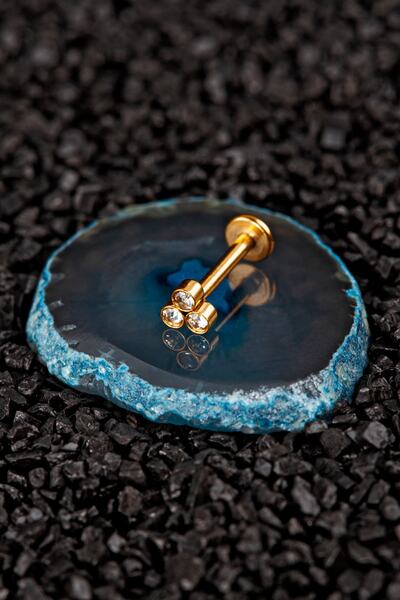 Valhalla Cerrahi Çelik Kıkırdak Tragus Zirkon Taş Piercing Gold