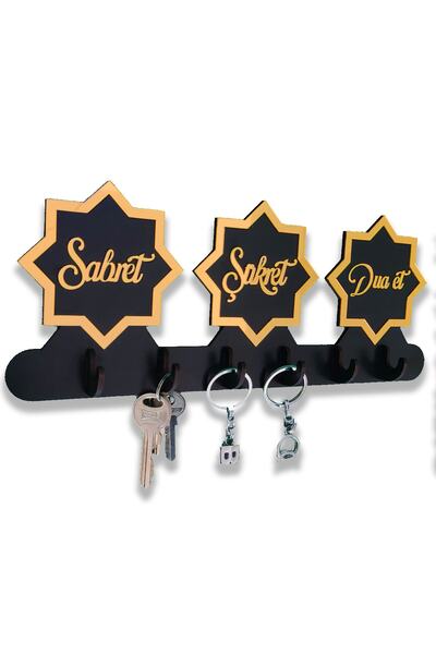 GEEG Sabret Şükret Dua Et Anahtar Askısı Büyük Selçuklu Sekiz Köşeli Yıldız Motif Aynalı Altın Pleksi Mdf