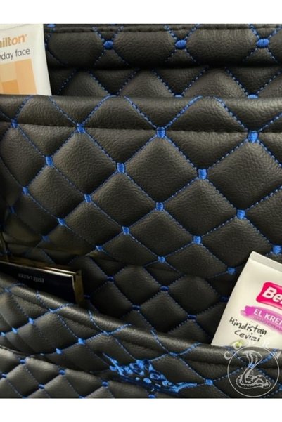 gönen deri Car Seat Back Organizer / Protector / Organizer + 5 Years Warranty - Blue Stitched Black Quilted