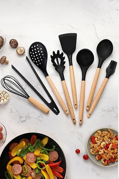 morponi 8 Piece Black Serving Set with Silicone Tongs (new Fine Tongs Set)