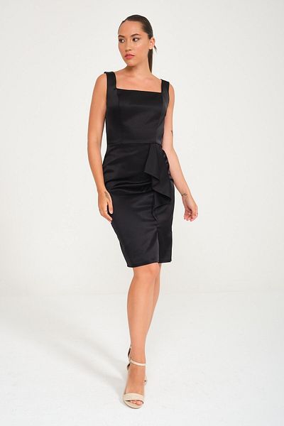 SpringStore Rochie de seara din satin cu guler patrat negru