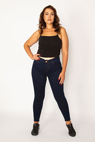 Şans Dámské velké, tmavě modré džínové úzké kalhoty s 5 kapsami 65n34112