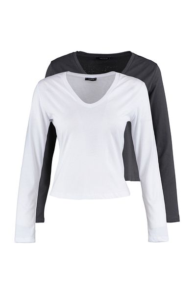 Trendyol Collection Anthracite-White 100% Cotton 2-Pack Basic V-Neck Knitted T-Shirt TWOAW23TS00030