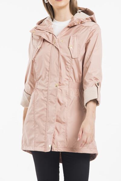 ladyzey Kadın Kapüşonlu Beli Lastkli Katlanabilir Kol Astarlı Trençkot