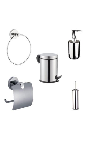 Berta Hijyen Berta 5'li Banyo Seti Paslanmaz Çöp Kovası Havluluk Sabunluk Tuv...