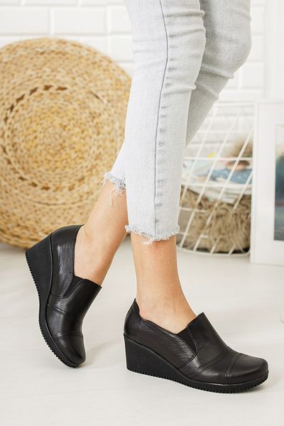 Deripabuc Genuine Leather Black Women's Leather Wedge Heeled Leather Shoes Crz-0106