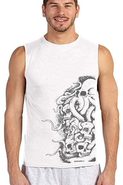 ROCKANDROLL Tricou fără mâneci cu mâneci tăiate alb Big Octopus pentru bărbați