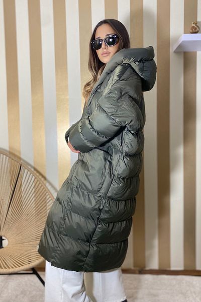 La Querta Dámský khaki kabát s kapucí Puffer Long Oversize