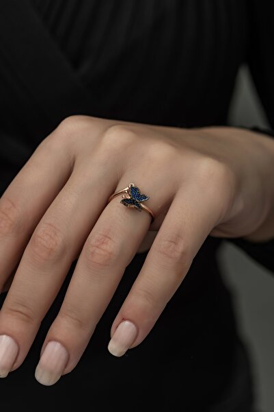 Nereze 925 Ayar Gümüş Ayarlanabilir Mavi Kelebek Kadın Yüzük