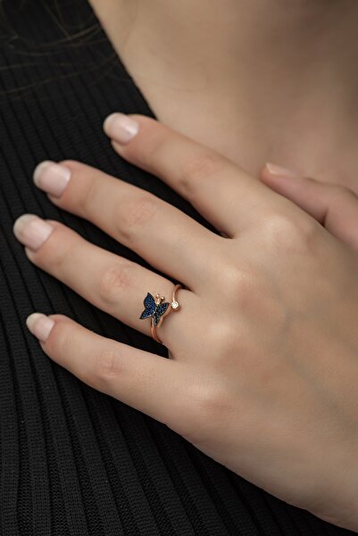 Nereze 925 Ayar Gümüş Ayarlanabilir Mavi Kelebek Kadın Yüzük