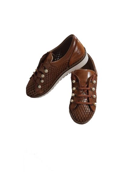 KAPAR Γυναικεία παπούτσια casual με κορδόνια από γνήσιο δέρμα σε καφέ χρώμα