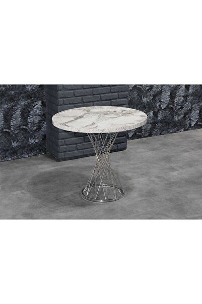 AVVİO 90x90 Luna Beyaz Mermer Görünümlü Gümüş Hasırlı Mutfak Masası