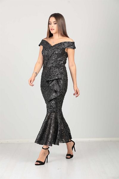giyimmasalı Boat Neck Skirt Flounce Ruffle Detailed Sequin Dress - Black