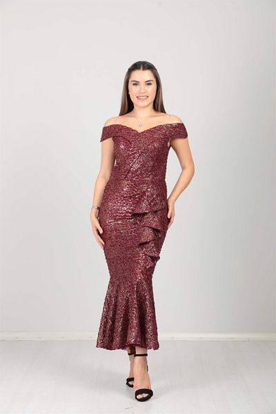 giyimmasalı Boat Neck Skirt Flounce Ruffle Detailed Sequin Dress - Claret Red