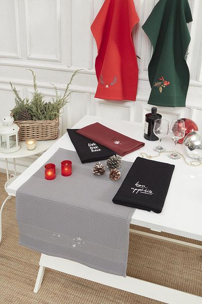 Upline Tea Towel Claret Red-grey Star Embroidered 2-Piece Kitchen Napkin Set|Drying Cloth(2*50x70)