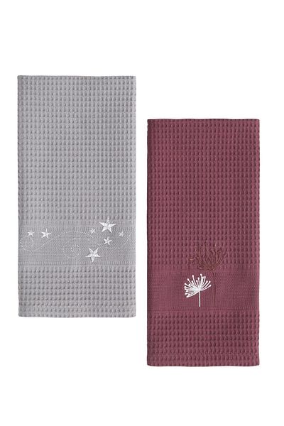 Upline Tea Towel Claret Red-grey Star Embroidered 2-Piece Kitchen Napkin Set|Drying Cloth(2*50x70)