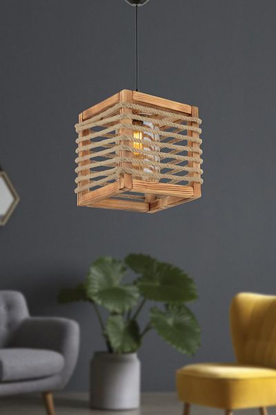 BCD TASARIM AYDINLATMA Black Rope Wooden Pendant Lamp - Great Design Chandelier Compatible with All Aroundings