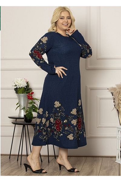 Şirin Butik Γυναικείο φόρεμα με μπλέ γιακά μακρύ μεγάλο μέγεθος