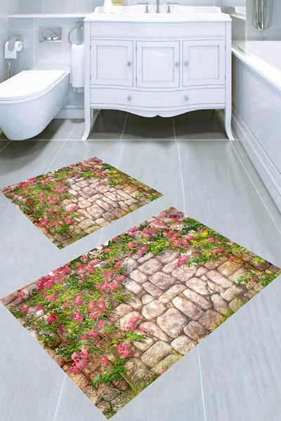 MODANOİVA Stone and Ivy Flowers Patterned 2-Piece Bath Mat (50x60 - 60x100)