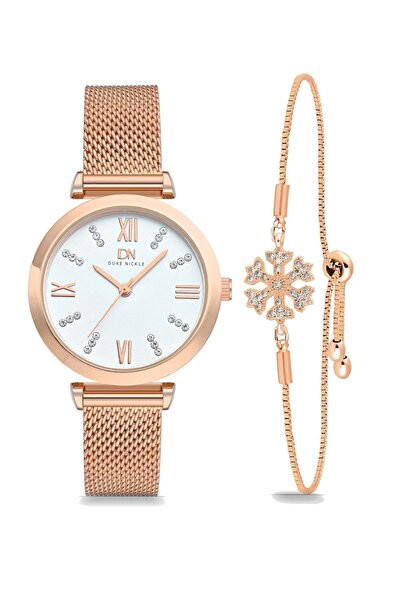 Duke Nickle Women's Gold Wristwatch and Snowflake Zircon Stone Bracelet