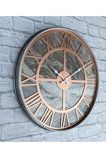Markakanvas Metal Kasalı Mermer Desenli Bakır Renkli Duvar Saati Çap 50 Cm
