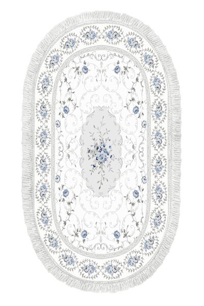 Dekoreko Inci Halı Dijital Saçaklı Oval 1908 Mavi?