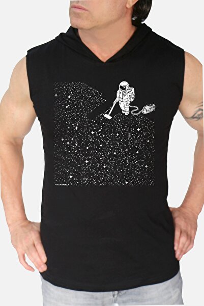 ROCKANDROLL Tricou fără mâneci cu glugă astronaut Black Broom pentru bărbați