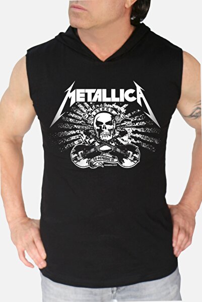 ROCKANDROLL Ανδρικό αμάνικο μπλουζάκι μαύρο Metallica Skull με κουκούλα