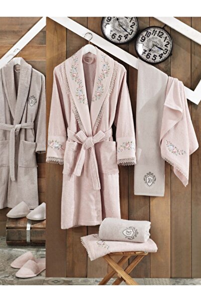 Dantela Gipürlü Ve Dantelli Bambu Bornoz Seti (6 PARÇA) Model : Lara (RENK: P...