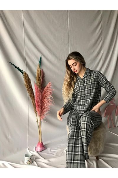 Laluvia Grau kariertes Pyjama-Set für Damen mit Augenklappe