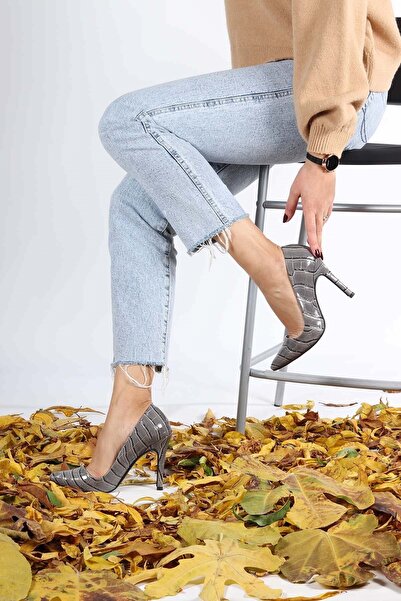 Elegant Ayakkabı Stiletto Kroko Gri