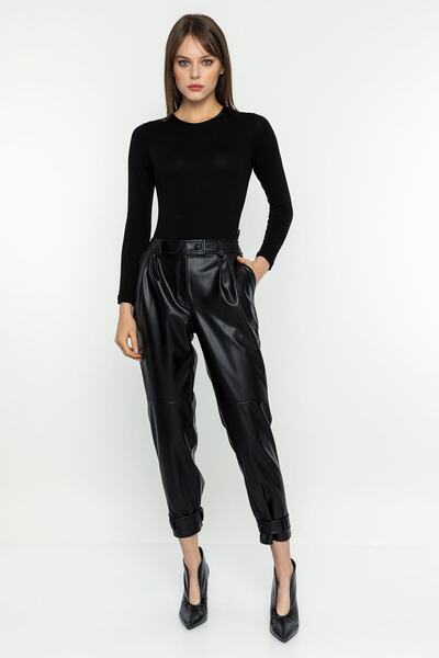 INVIDIA Pile Detaylı Deri Görünümlü Pantolon