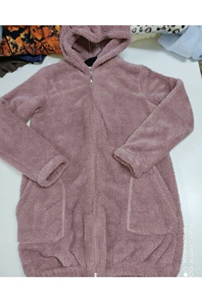 LUMOSS Kadın Gül Kurusu Uzun Kapüşonlu Peluş Ceket