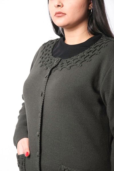 Laden Women's Knitwear Woolen Handcrafted Furry Mother Khaki Thick Cardigan
