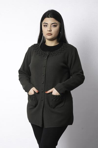 Laden Women's Knitwear Woolen Handcrafted Furry Mother Khaki Thick Cardigan