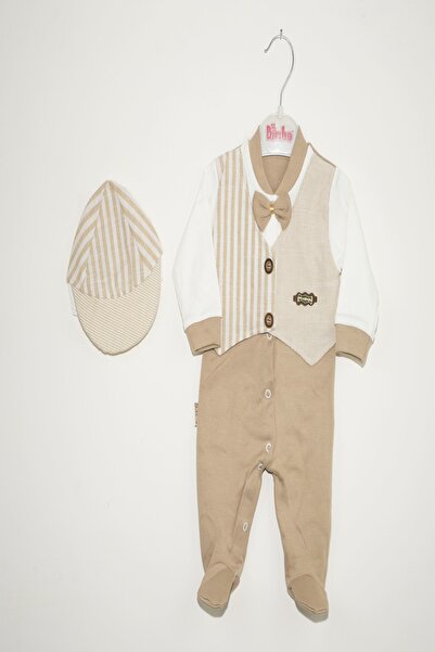 Bimbo Erkek Bebek Beyaz Pamuklu Papyonlu Şapkalı 2li Tulum