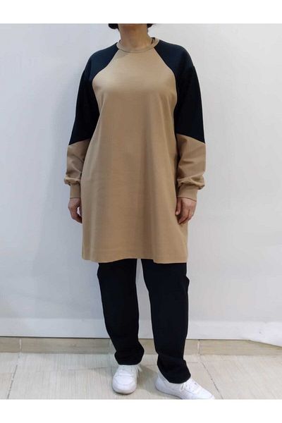 Mertcan Butik Camel Black Garnished Top and Bottom Set Tunic Tracksuit