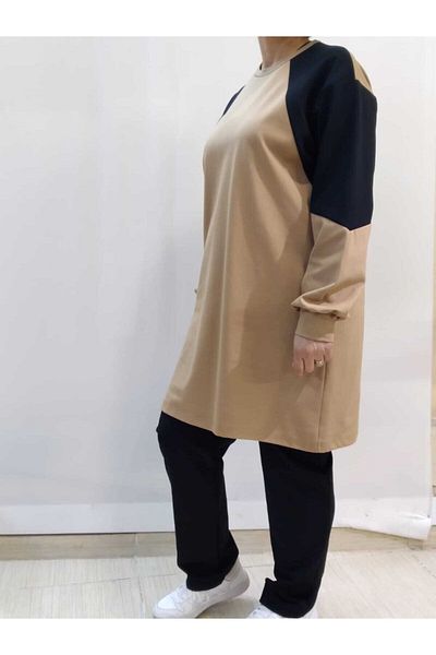 Mertcan Butik Camel Black Garnished Top and Bottom Set Tunic Tracksuit