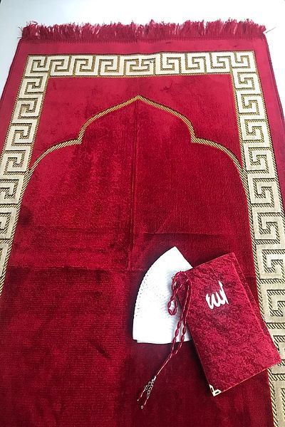 Kardelen Patternless, plain Prayer Rug Red, Velvet Yasin, Rosary, Takke